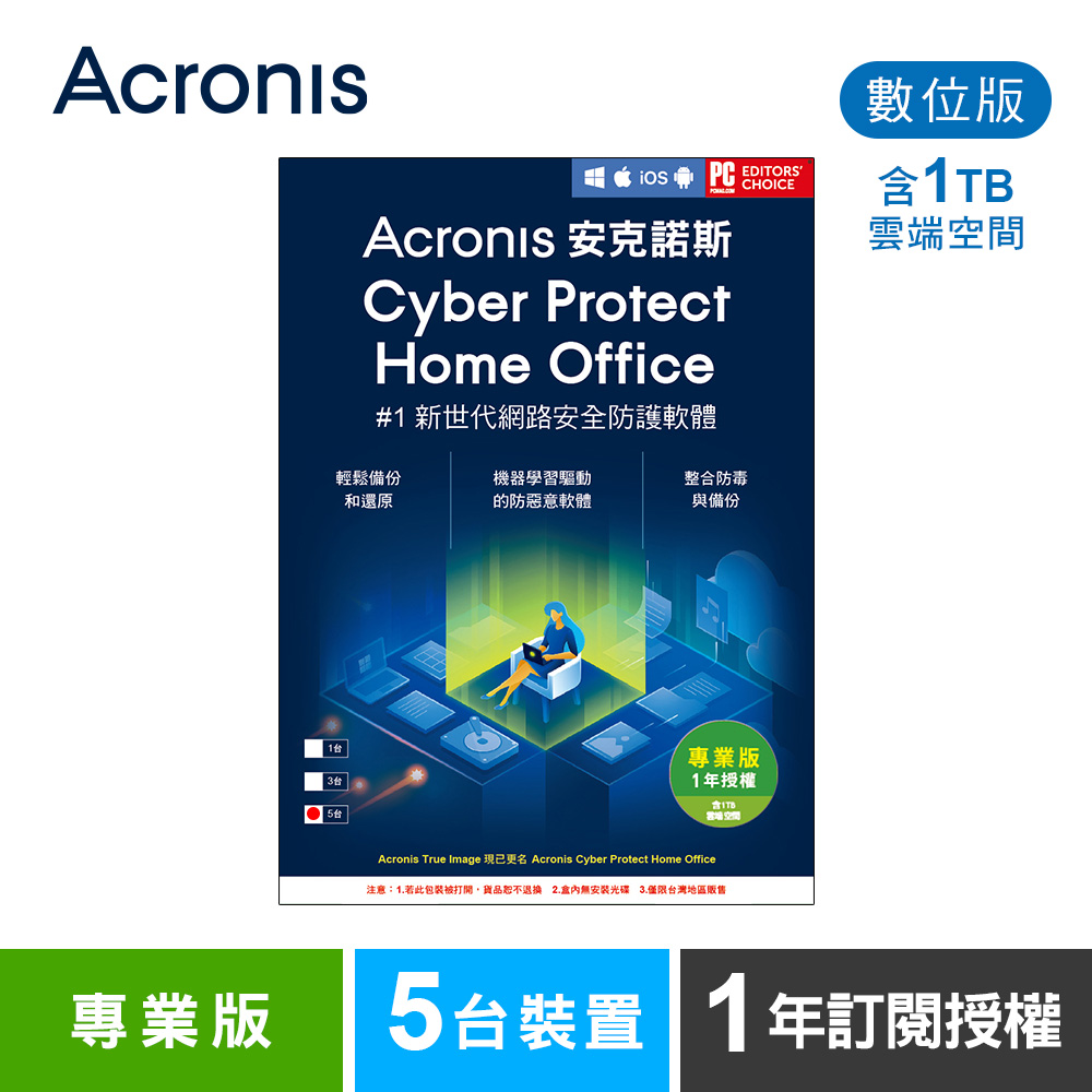 安克諾斯Acronis Cyber Protect Home Office 專業版1年訂閱授權 -包含1TB雲端空間-5台裝置-數位版