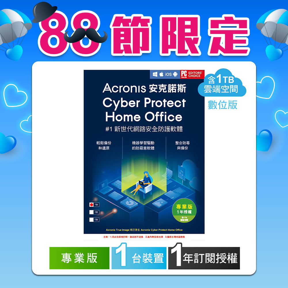 安克諾斯Acronis Cyber Protect Home Office 專業版1年訂閱授權 -包含1TB雲端空間-1台裝置-數位版