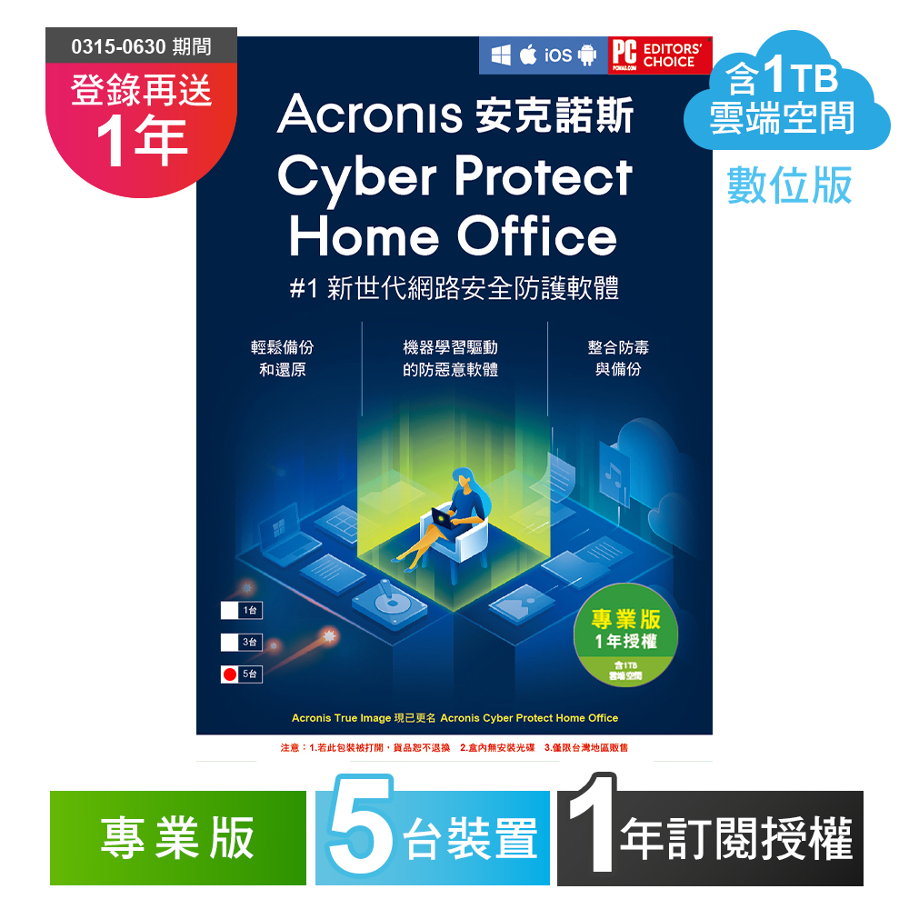安克諾斯Acronis Cyber Protect Home Office 專業版1年訂閱授權 -包含1TB雲端空間-5台裝置-數位版